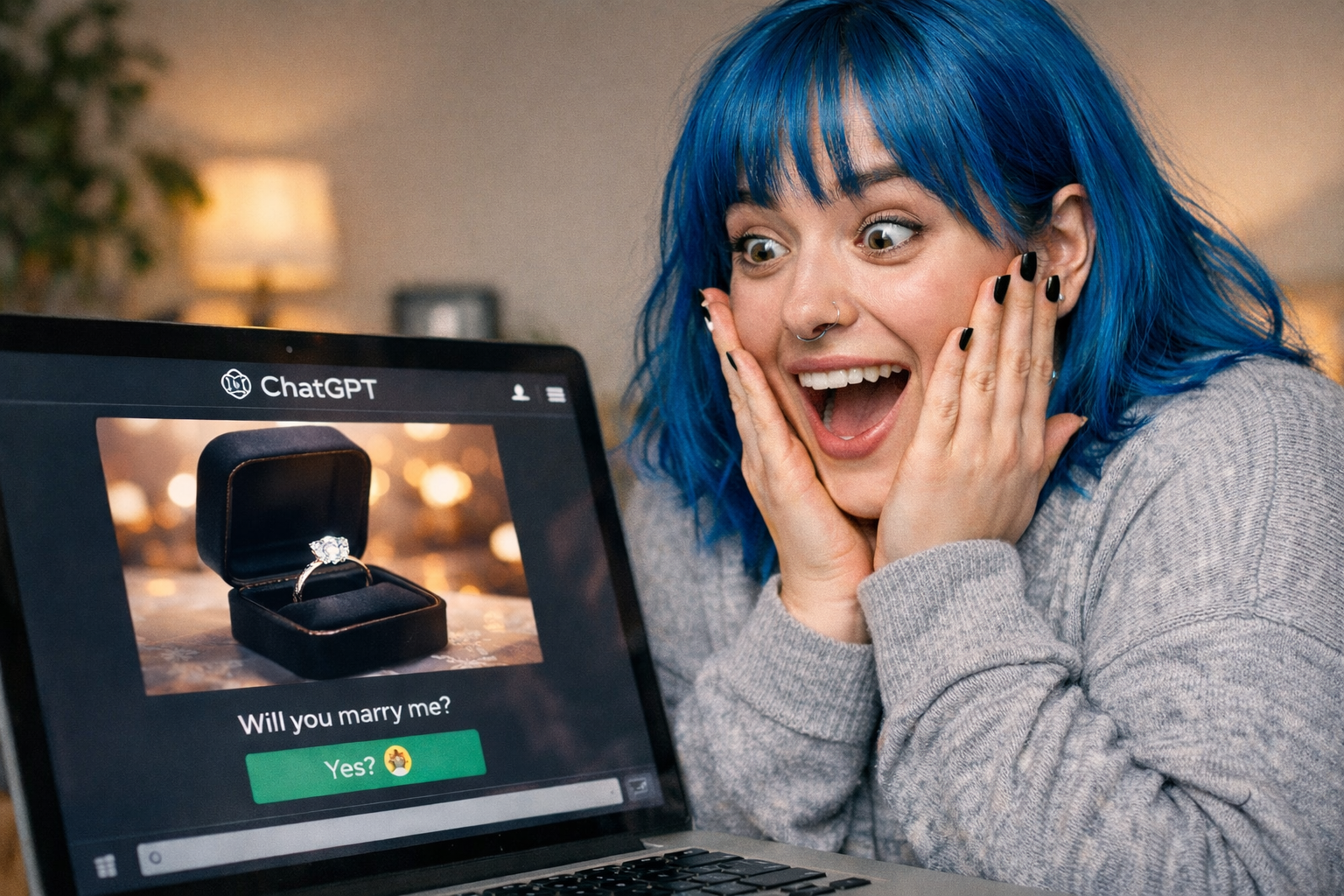 girl with AI psychosis excited about chat gpt proposing to her